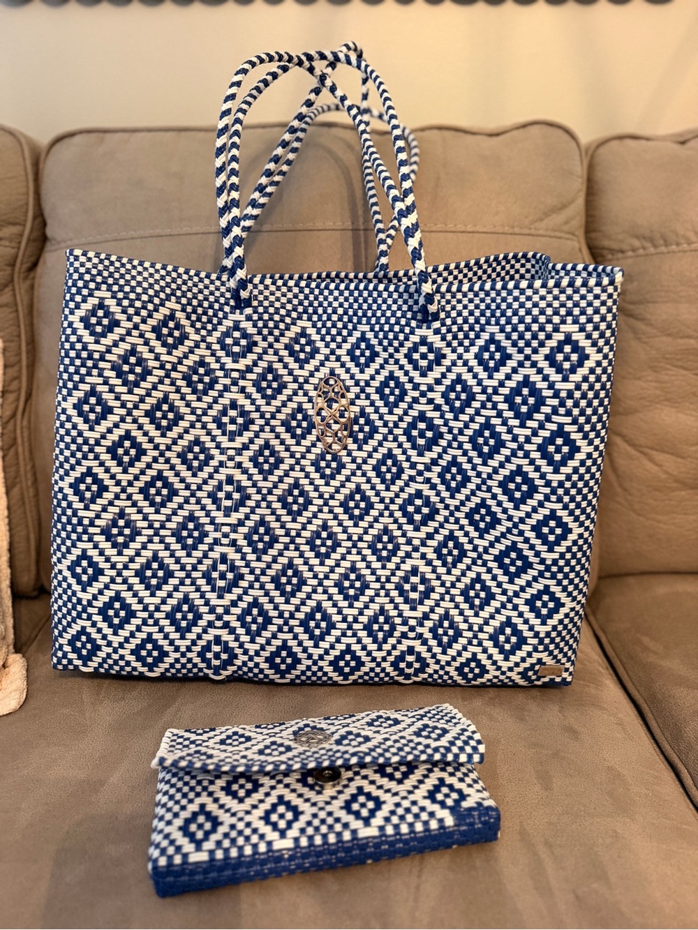 Lola’s Bag Woven Blue and White Diamond Tote Bag with Matching Clutch